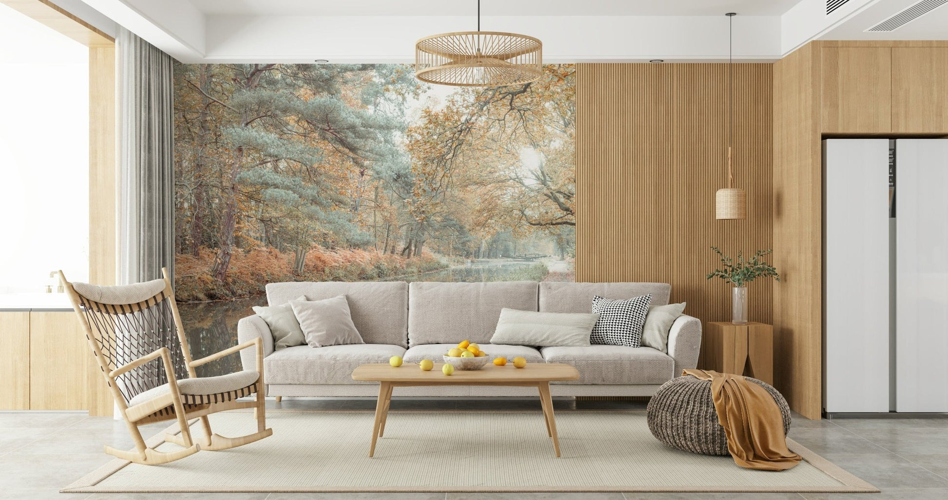 Peaceful woodland scene wallpaper with golden fall trees and a still water canal.