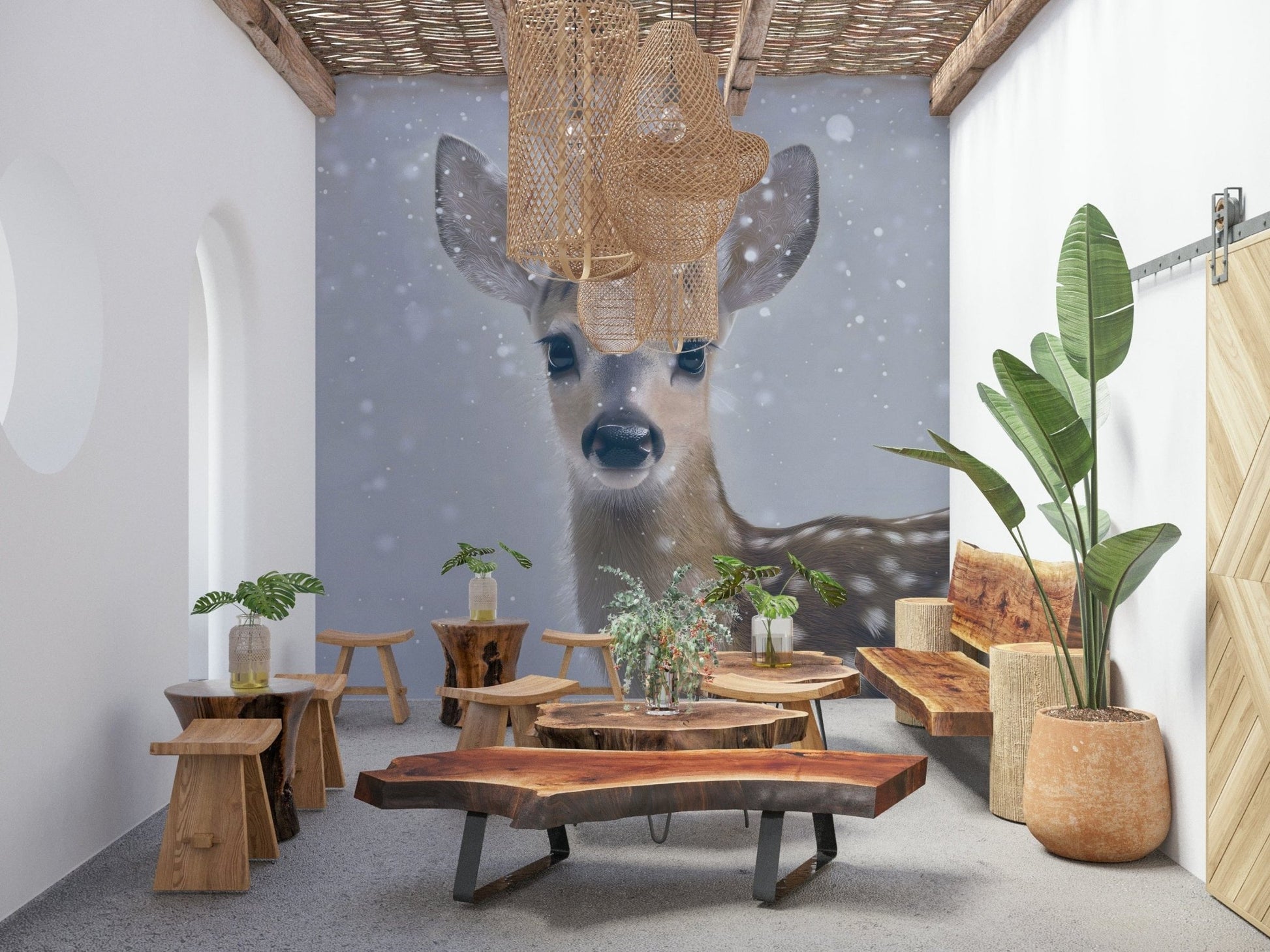 Wall mural depicting a calm fawn in soft snowy surroundings for cozy interiors.