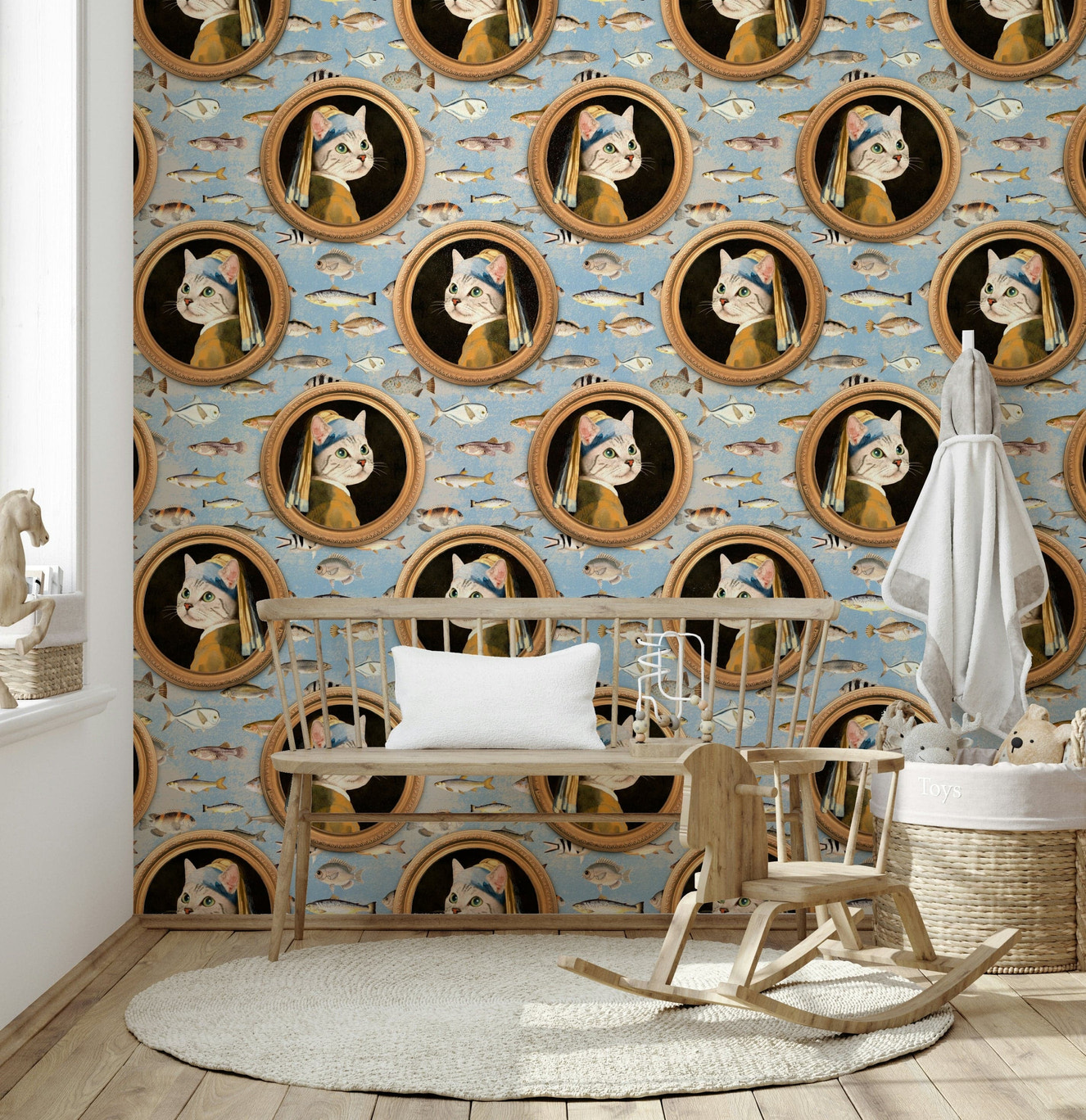 Kitty Vermeer's Sea Wallpaper in modern bedroom, blue sea waves on feature wall