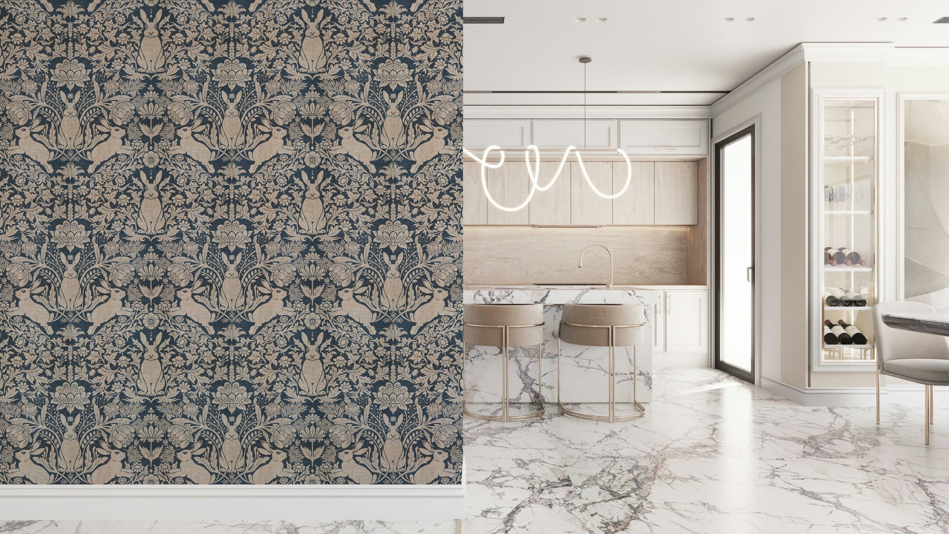 Whimsical rabbit wallpaper with vibrant greenery and meadow plants.