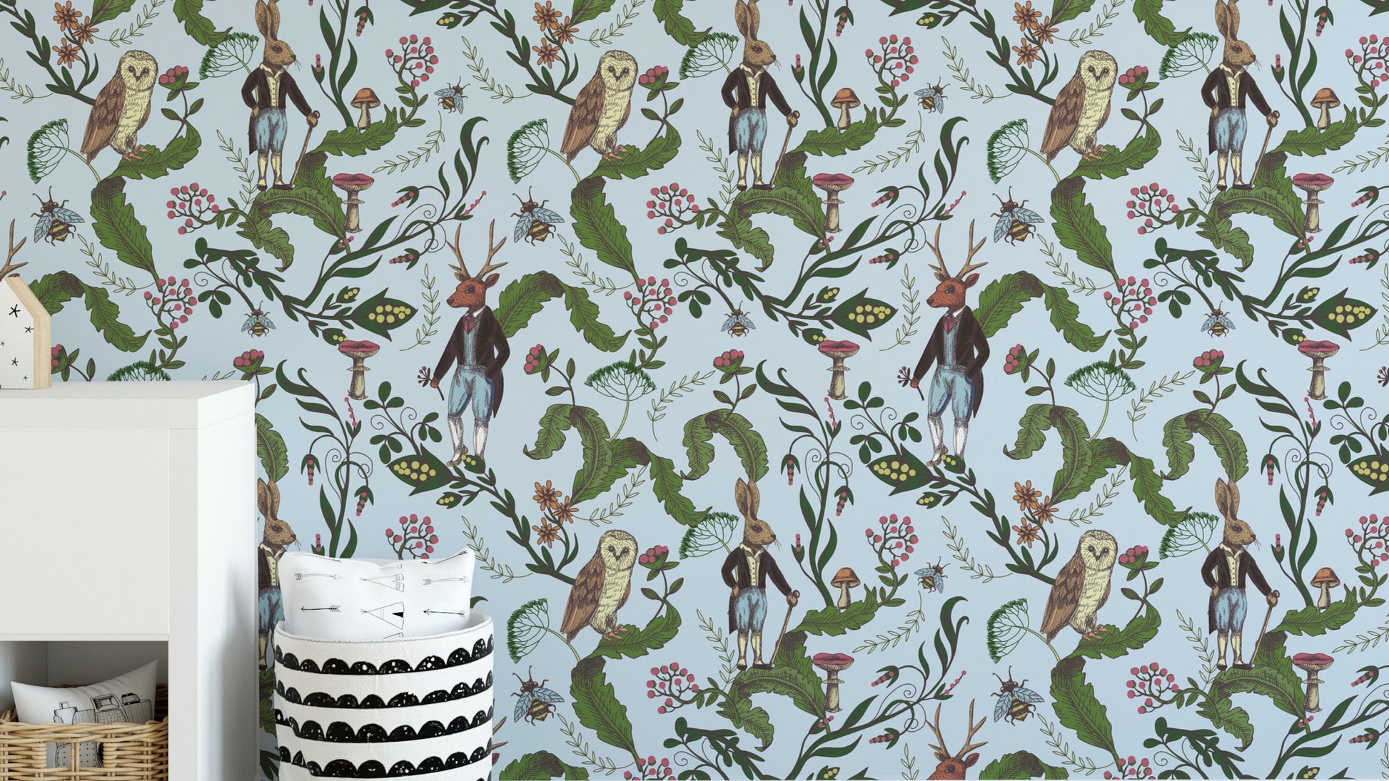 Rabbit and owl among leaves mural design
