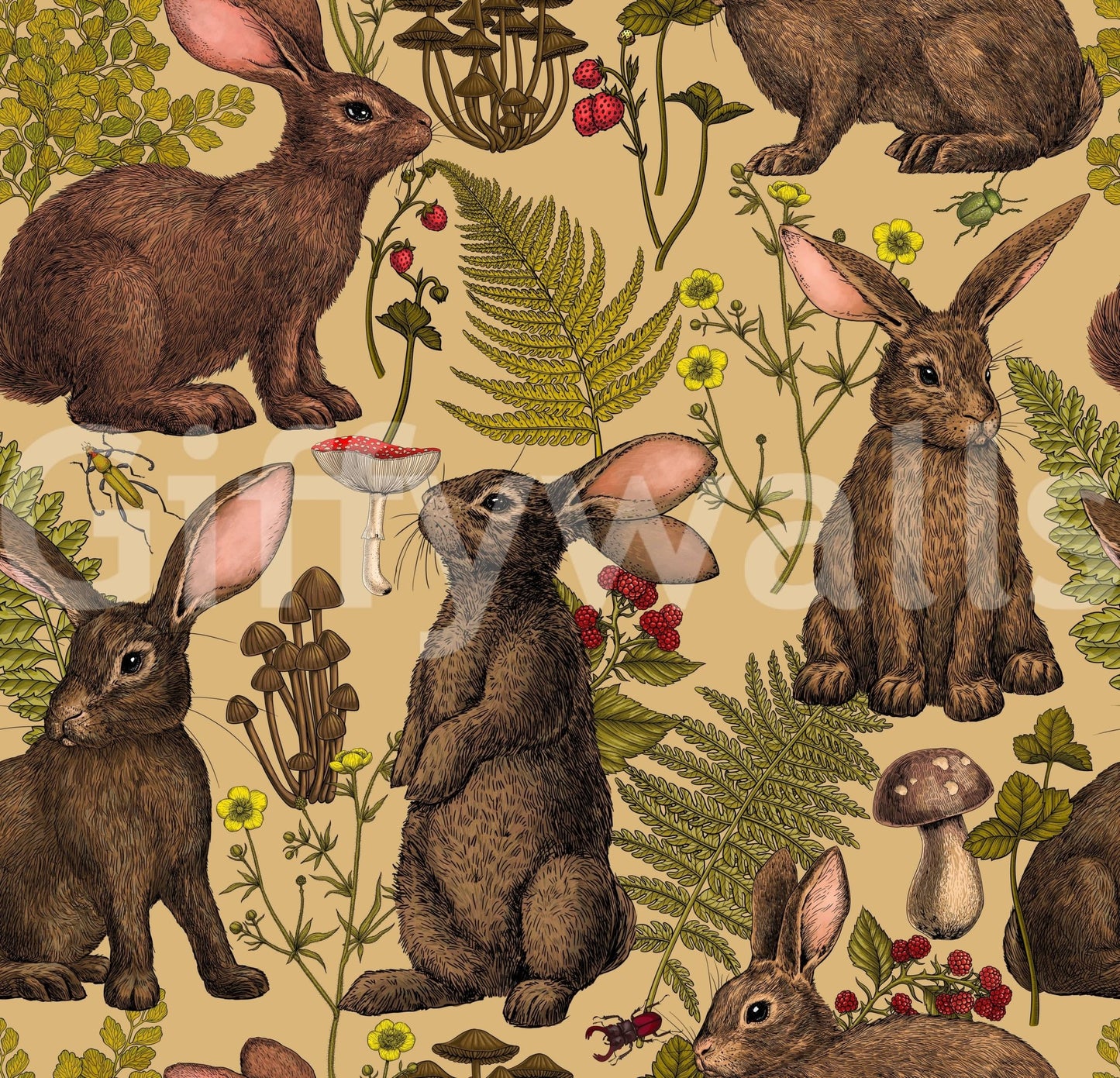 Rabbits and woodland flora Wallpaper⁠