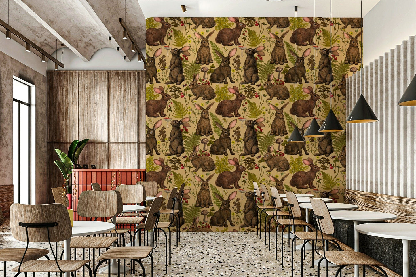 Woodland Wildlife Wallpaper Mural – Decorative wallpaper with rabbits interacting with ferns, flowers, and forest plants.