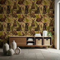 Woodland Animals and Flora Wallpaper – Cheerful mural with rabbits hopping through lush greenery and floral accents.