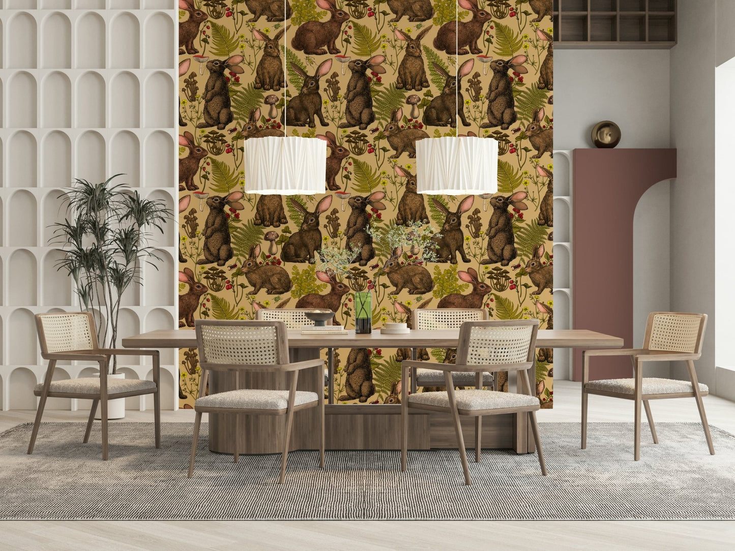 Woodland Rabbit Wall Mural – Charming design with playful rabbits nestled in greenery and wildflowers.