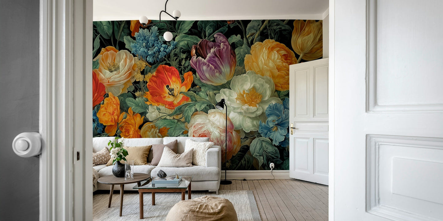 Features a dense arrangement of various radiant blossoms, including prominent tulips, peonies, and other vibrant flowers.
