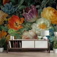The mural covers a significant wall area, creating an immersive floral experience.
