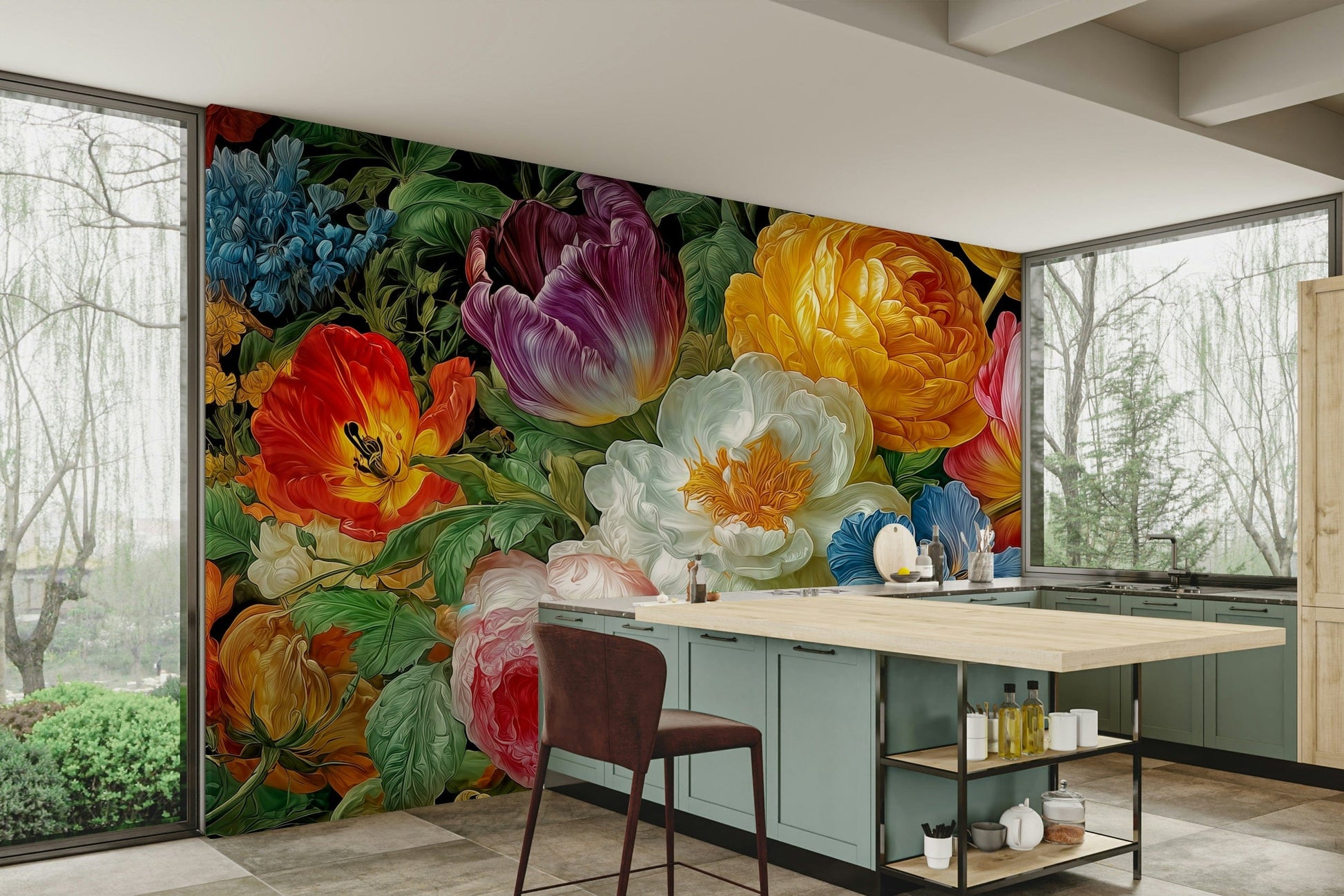 An angled shot of the mural's vibrant color palette.

