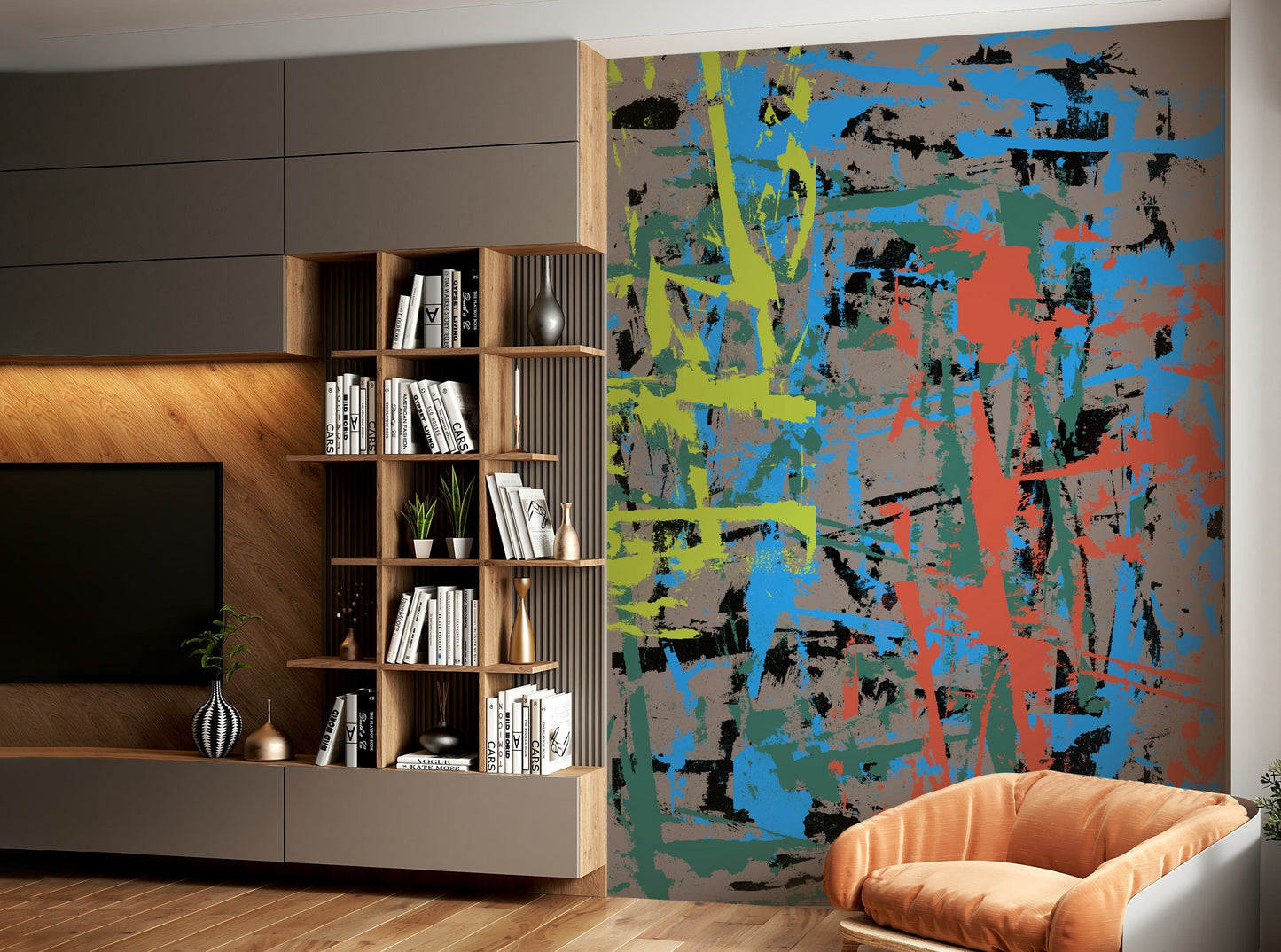 A peaceful geometric design mural on decorative wallpaper.

