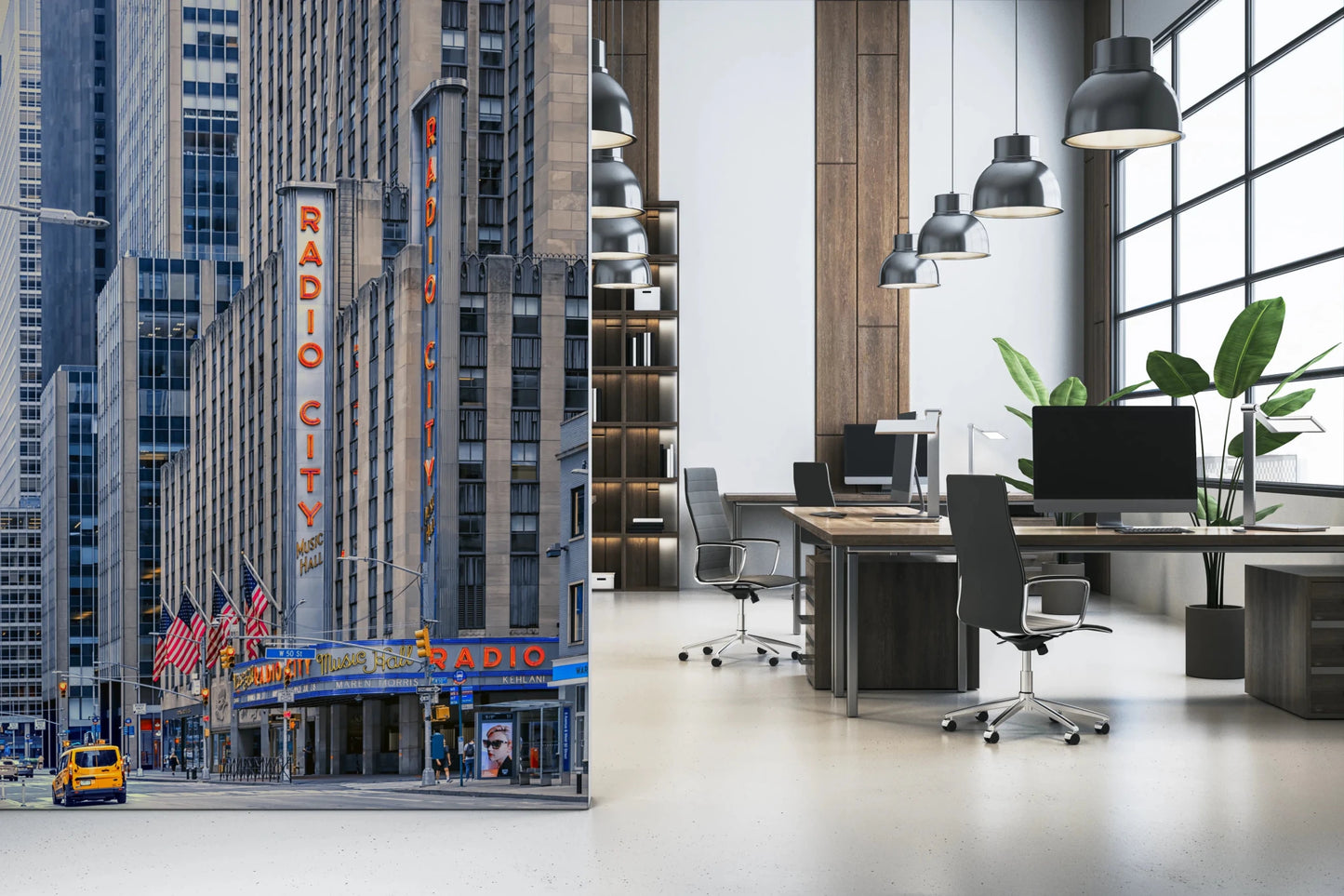 Radio City's Glow wallpaper mural of the Radio City facade beside grey desks and office chairs in a home office