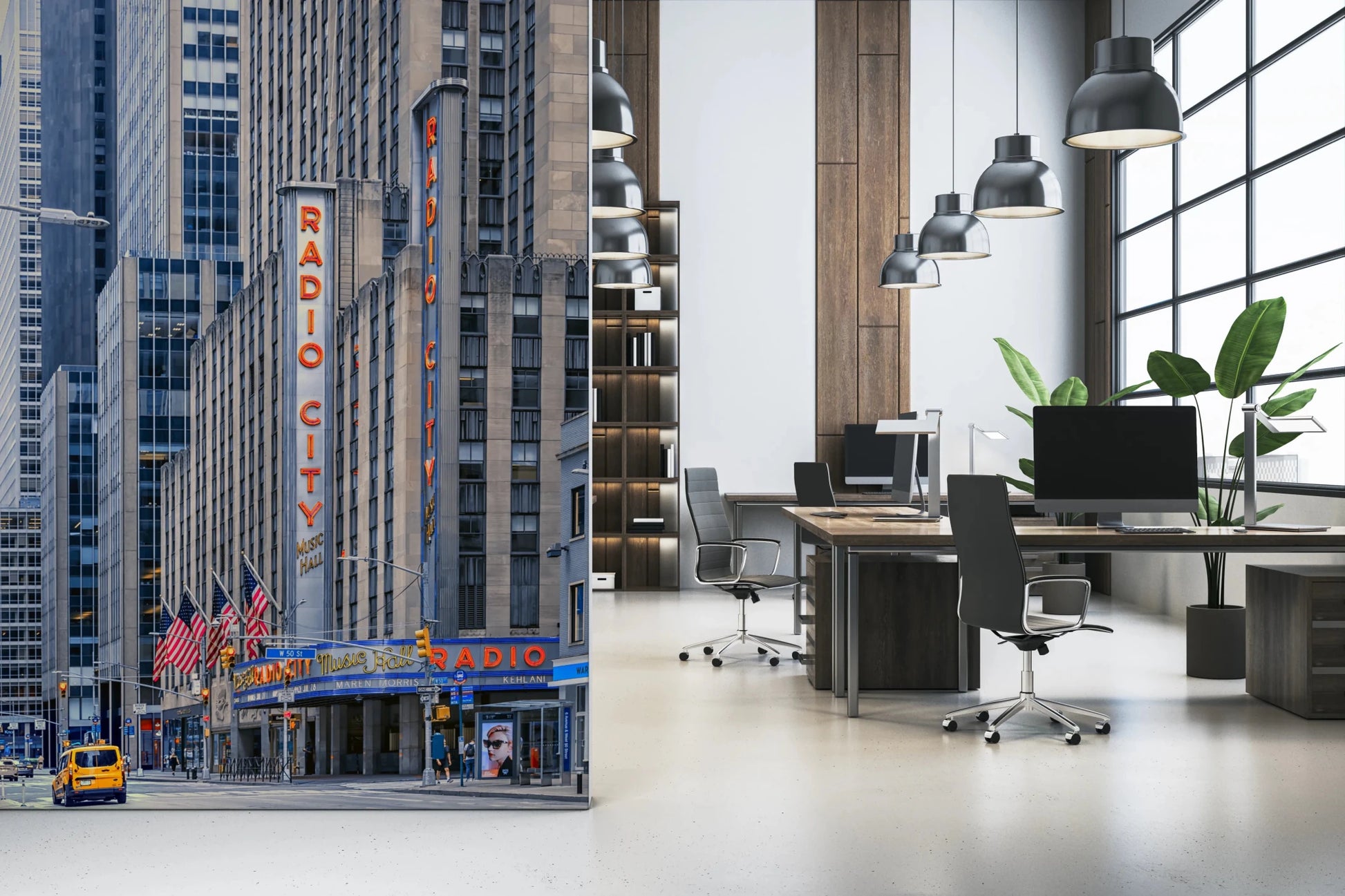 Radio City's Glow wallpaper mural of the Radio City facade beside grey desks and office chairs in a home office
