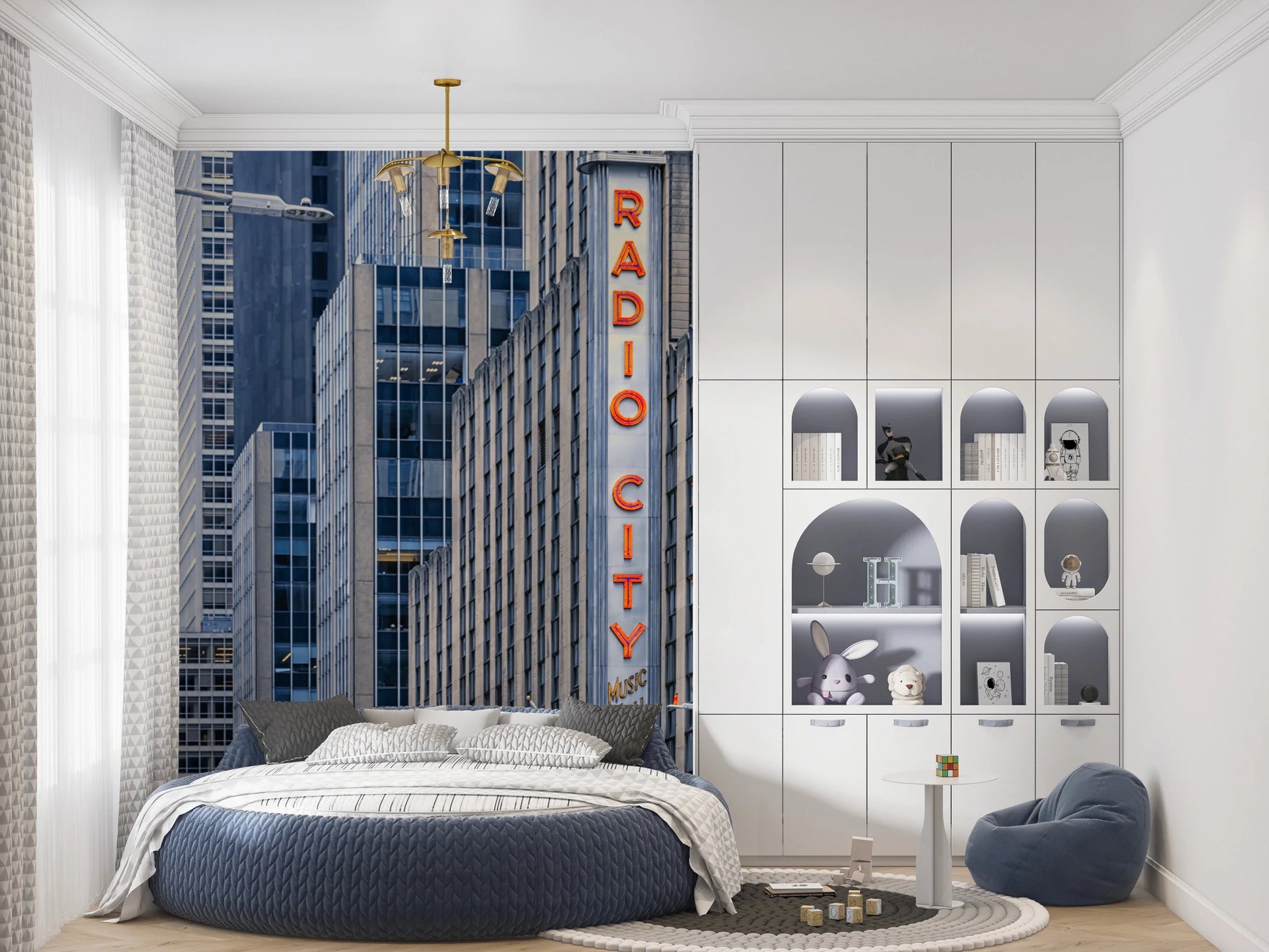 Radio City's Glow wallpaper mural with the red neon sign and towers behind a round blue bed and arched shelving in a kids room