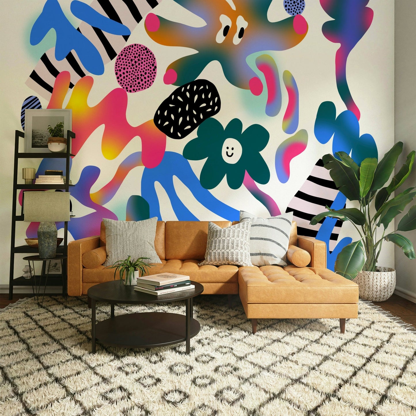 Bold, eye-catching mural with energetic and colorful designs

