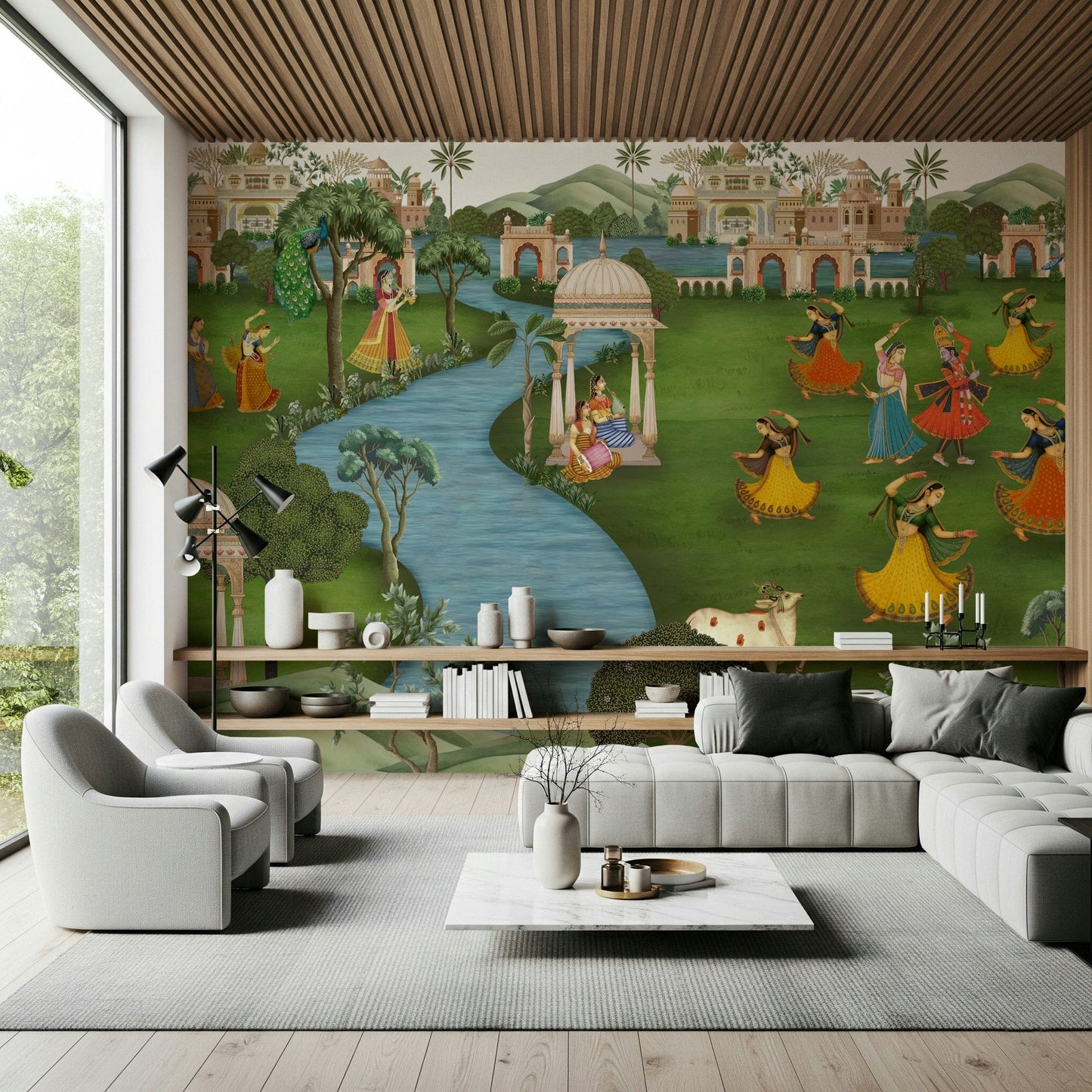 Contemporary wall mural in dining room, geometric motifs in rust and sand, statement wall behind table