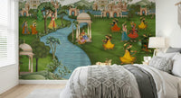 Ragamala Rhythm mural in boutique studio, earthy reds and neutrals, backdrop wall for display racks