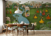 Artistic wall mural in meeting room, modern pattern in terracotta and beige, feature wall for video calls
