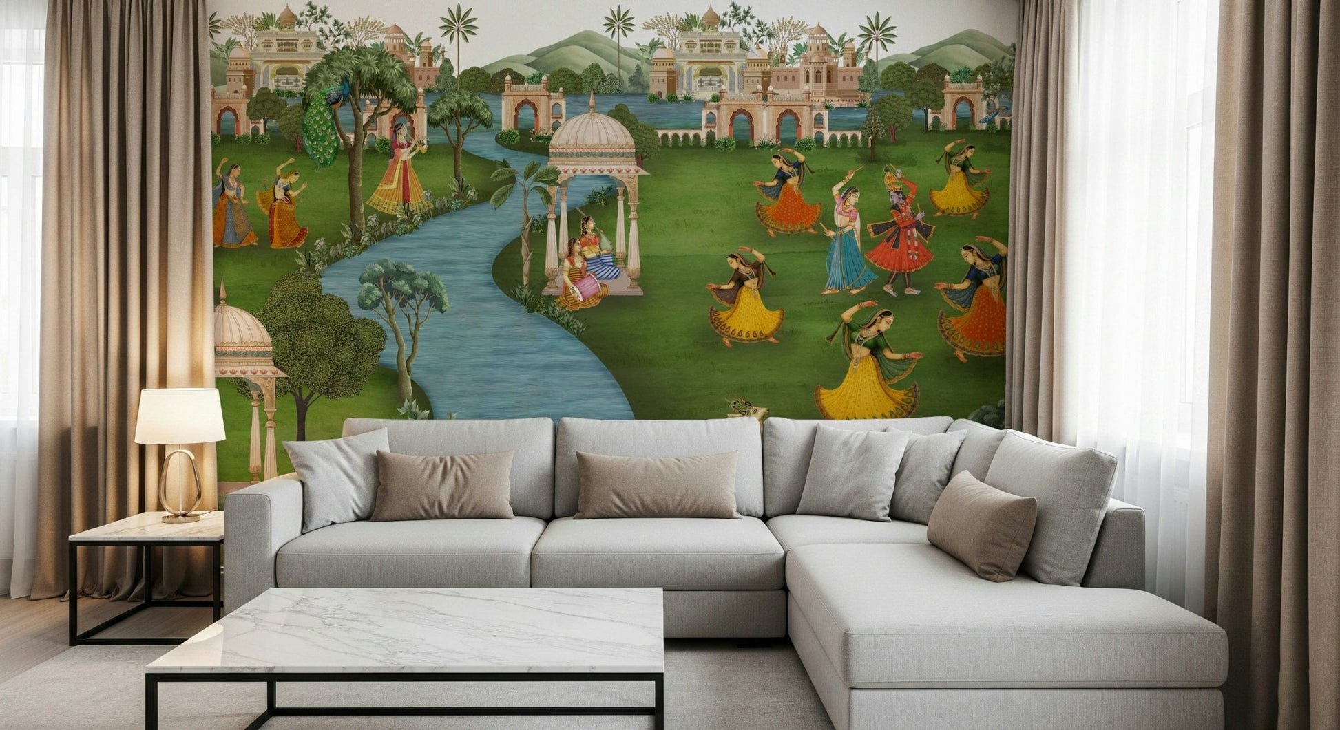 Modern wall mural in reading nook, curved motifs in clay and cream, cosy corner wall styling