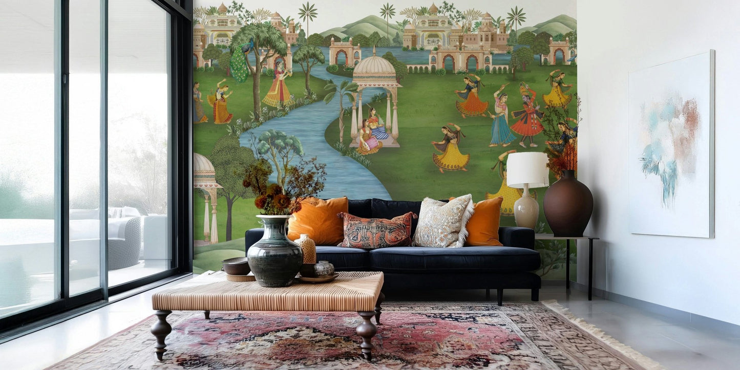 Abstract wallpaper mural in nursery, gentle warm tones, subtle rhythm pattern on main wall