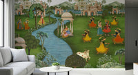 Ragamala Rhythm wallpaper in home office, earthy colour palette, calm backdrop behind desk and shelves