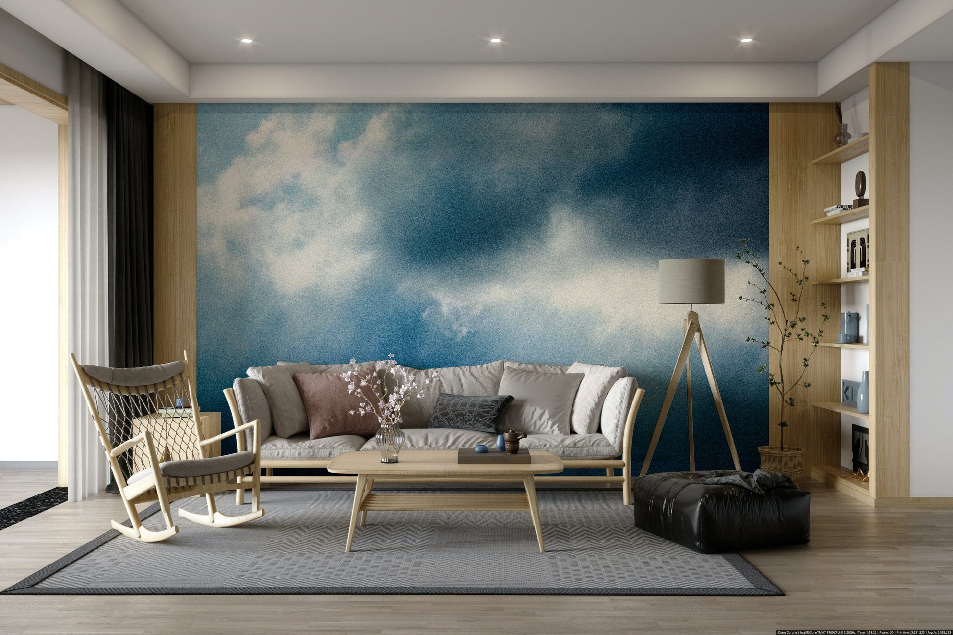 A peaceful rainy day mural on decorative wallpaper.

