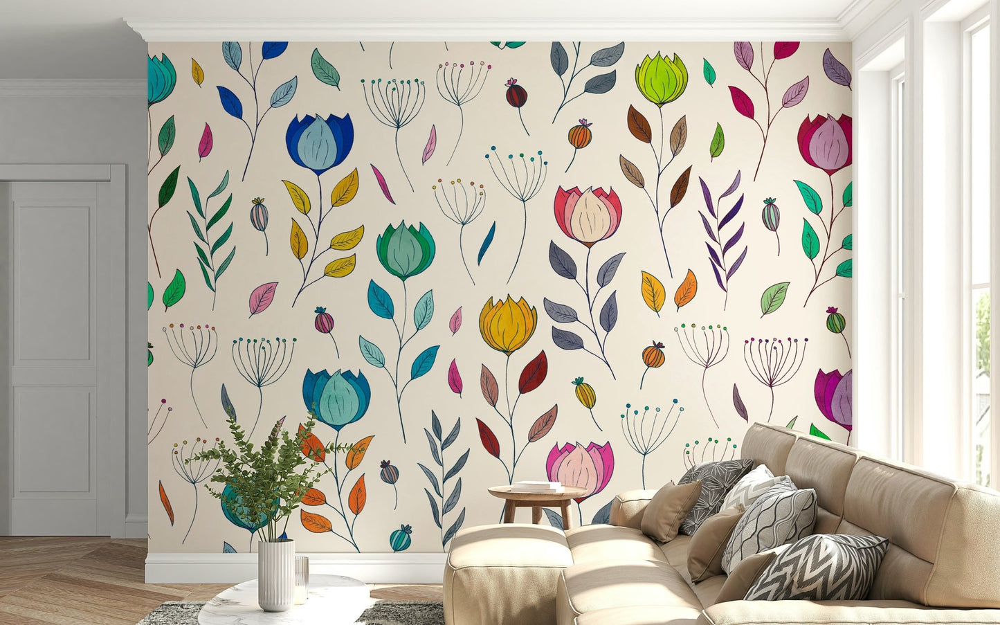 Whimsical multicolored floral Rainbow Bloom Dance backdrop.