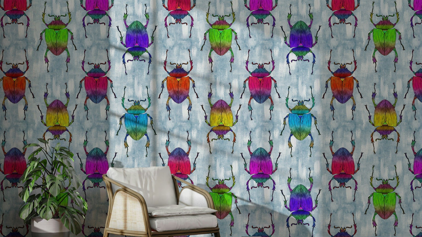Rainbow Bugs wallpaper on soft blue background

