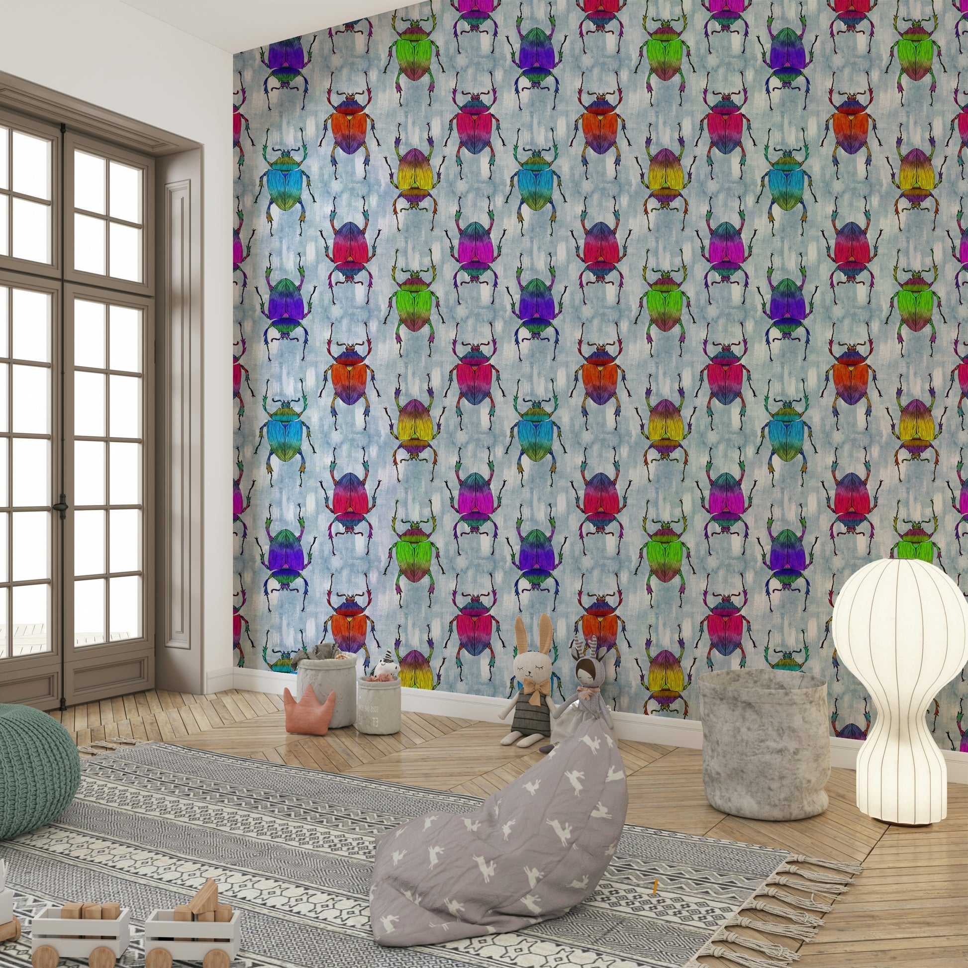 Soft blue wallpaper with cheerful bug design

