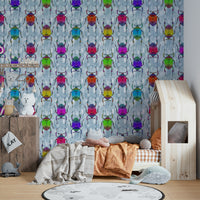 Mural wallpaper with rainbow insects on blue

