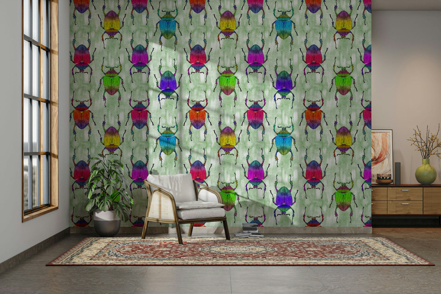 Bright bug wallpaper with soft natural green base

