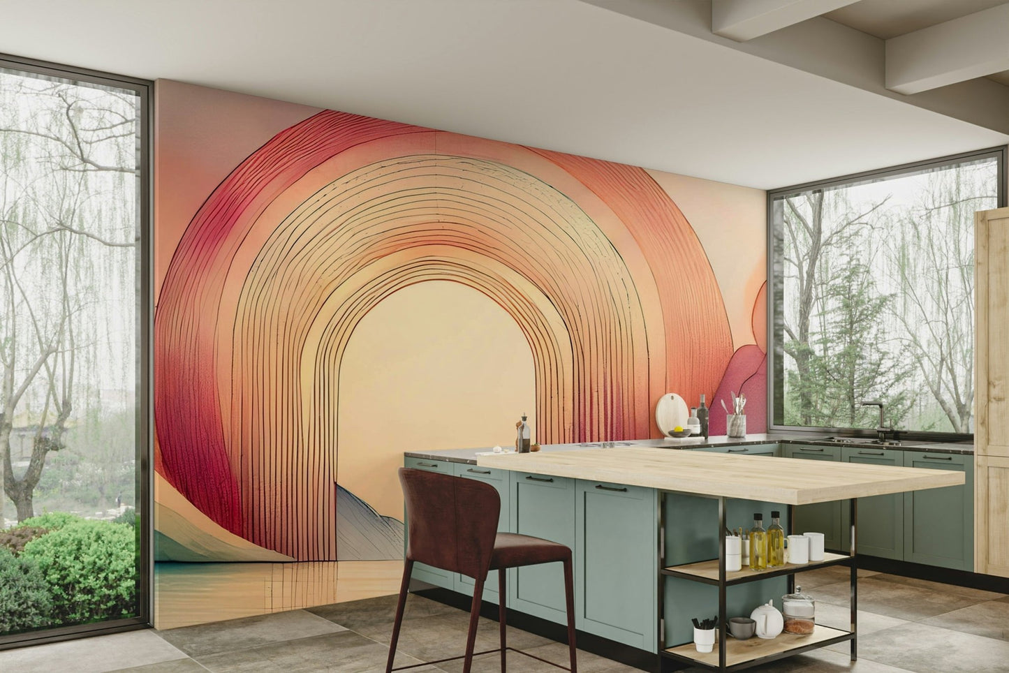 Vibrant rainbow colors framed by soft arches in the mural.

