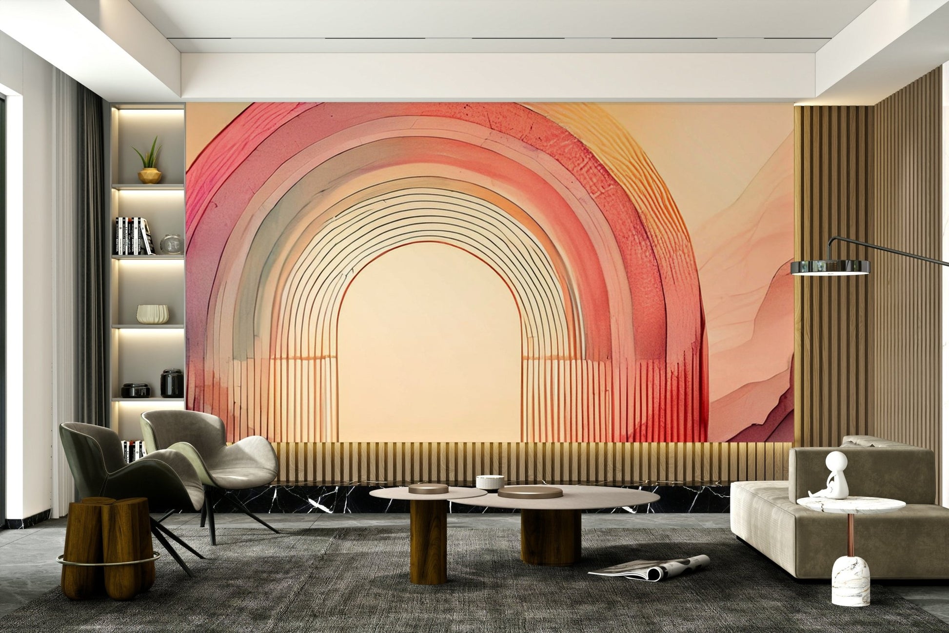 Soft rainbow arches creating a joyful atmosphere in the room.

