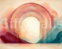 Radiant rainbow archway leading to a dreamlike world in mural wallpaper.

