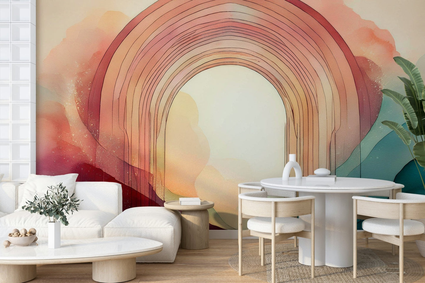 Rainbow Dream Portal mural creating a vibrant and dreamy space.

