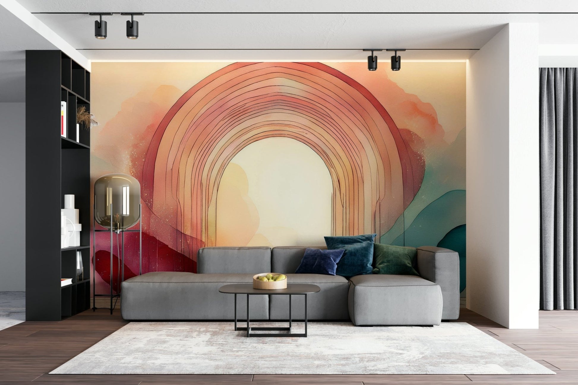 Enchanting rainbow arch design in the Rainbow Dream Portal wall mural.


