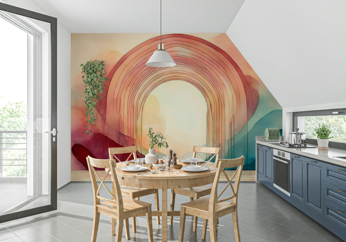 Dreamlike portal framed by colorful rainbow arches in mural design.

