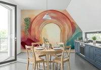 Dreamlike portal framed by colorful rainbow arches in mural design.

