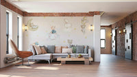 A peaceful wall mural with a whimsical rainbow pattern.

