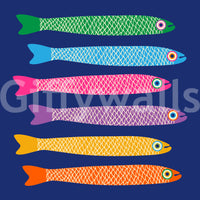 Whimsical fish mural in bright rainbow colors set on royal blue for bold interiors.

