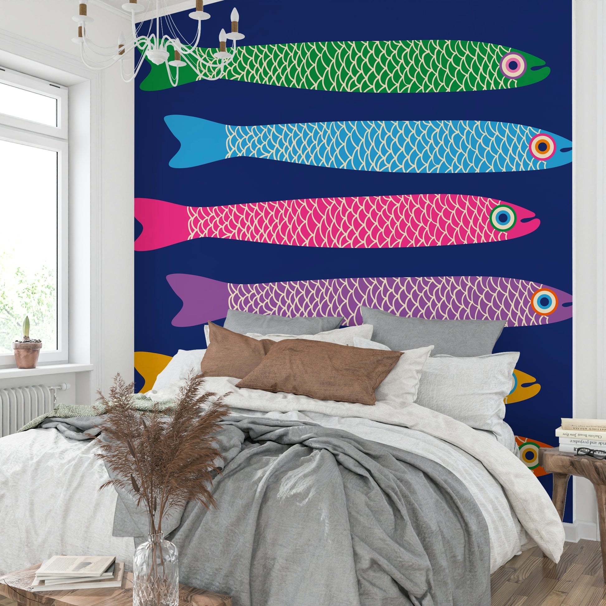 Fun wall mural with rainbow fish in a playful design on royal blue.

