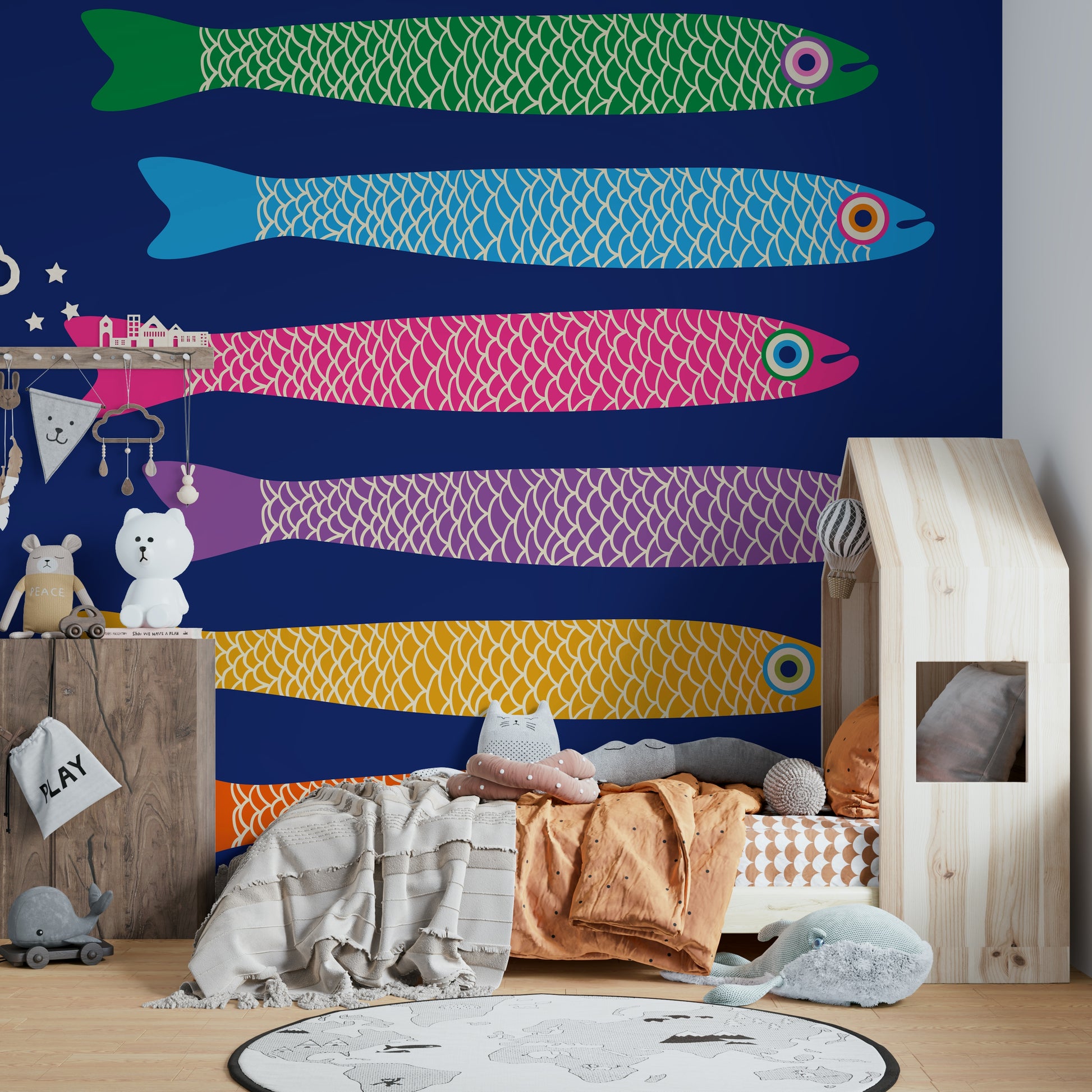 Fun, colorful fish mural with a royal blue backdrop, perfect for children’s spaces.

