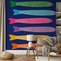 Anchovies Bright Rainbow Fish on Royal Blue Wall Mural with vibrant fish.

