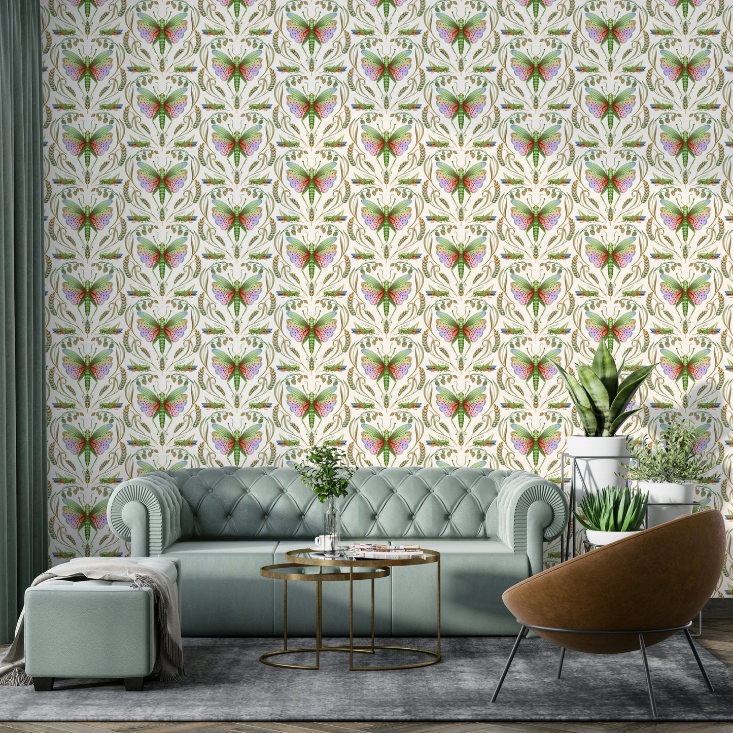 Whimsical wallpaper with rainbow insect pattern

