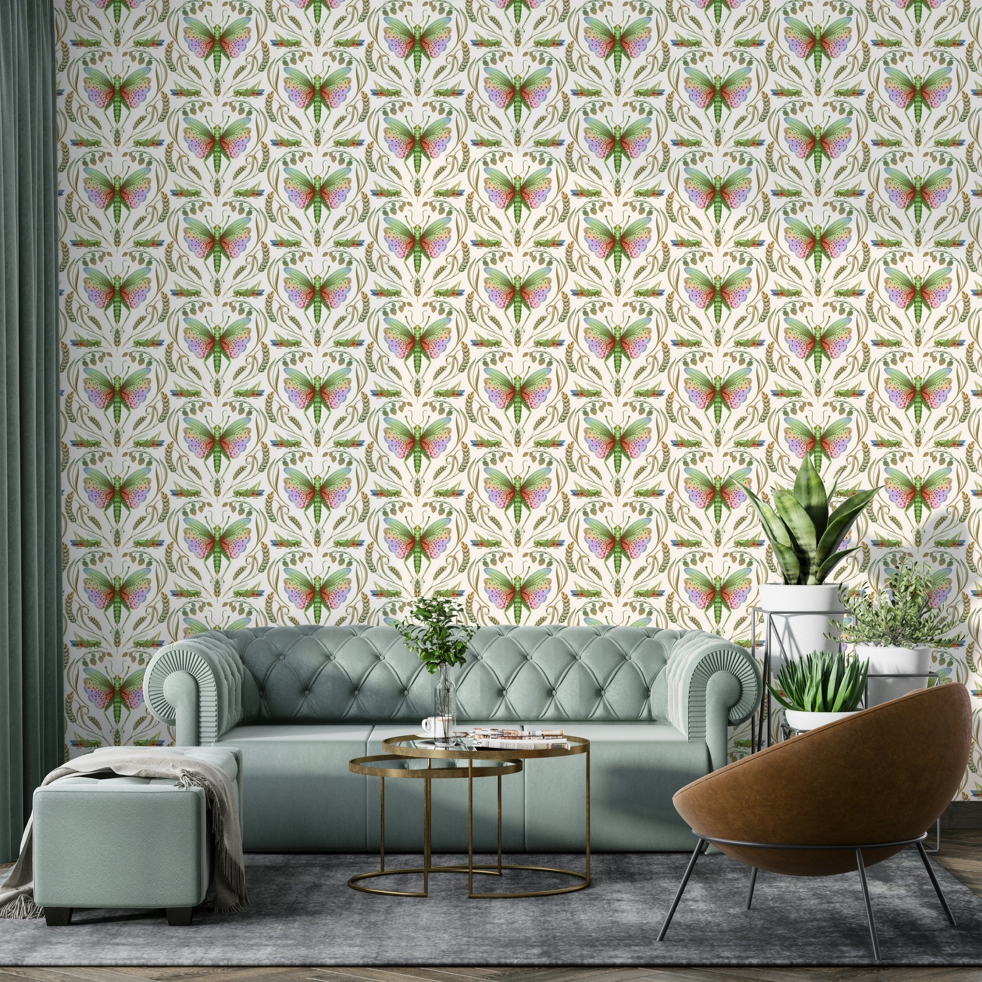 Whimsical wallpaper with rainbow insect pattern

