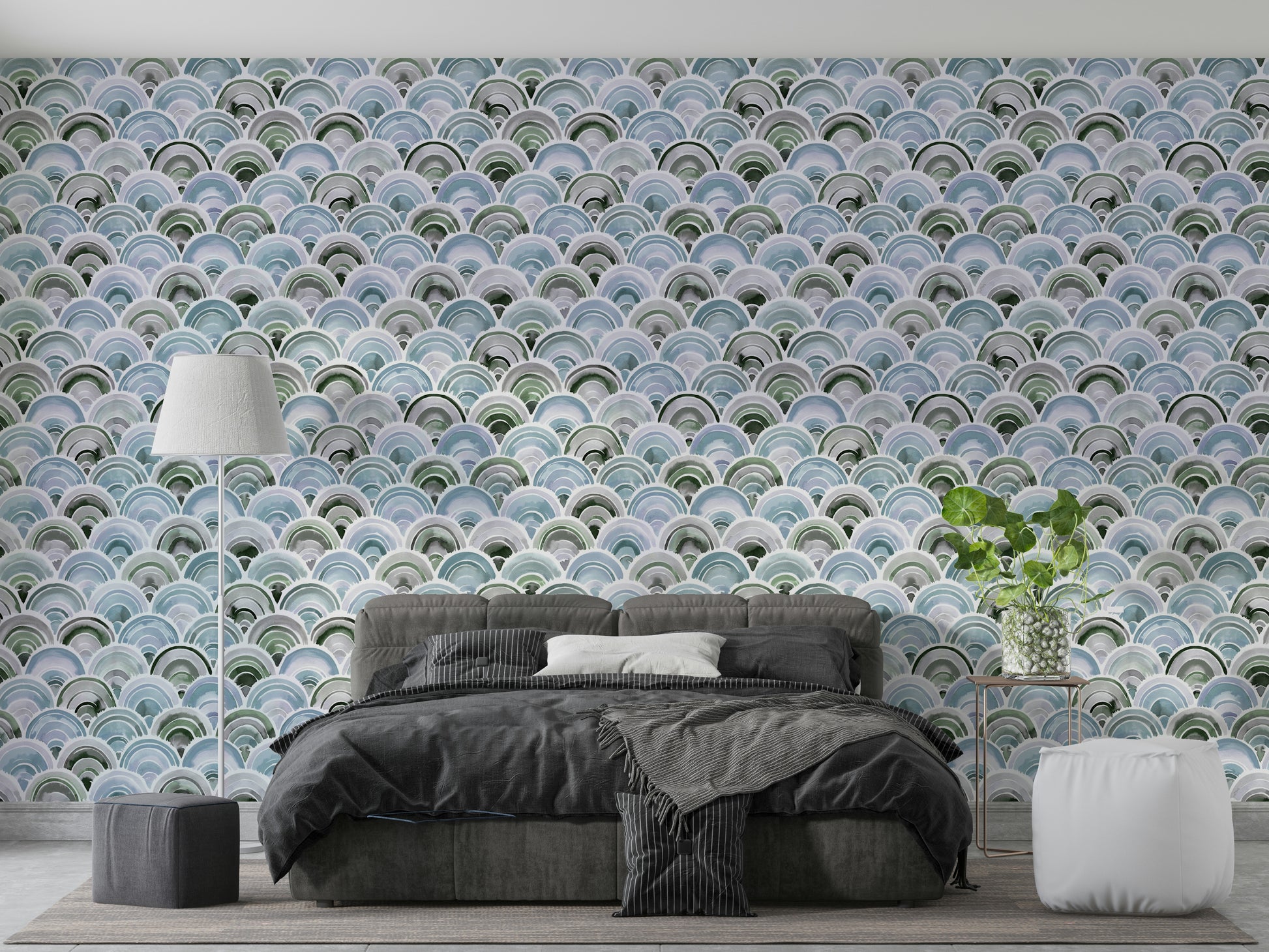 Rainbow scallop wall mural inspired by seigaiha art

