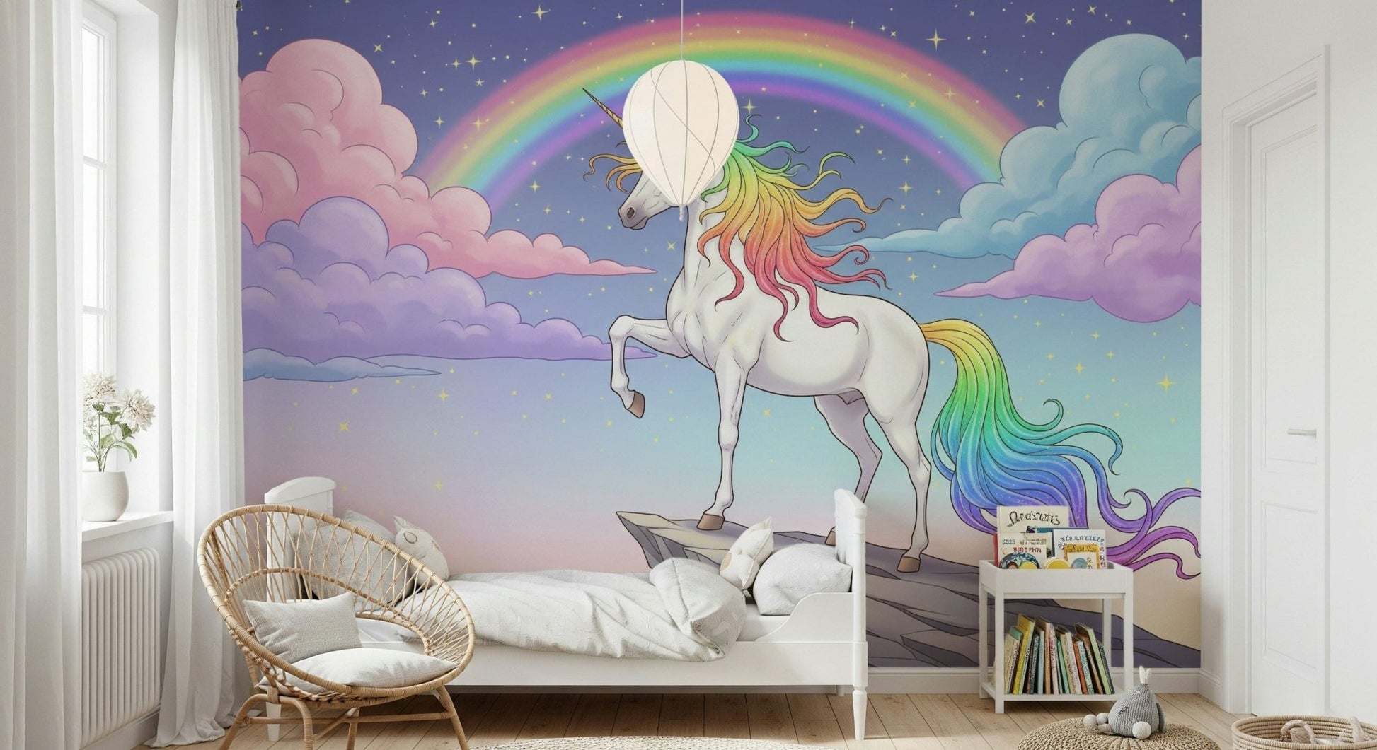 Fairytale bedroom wall art, mythical creature on precipice.