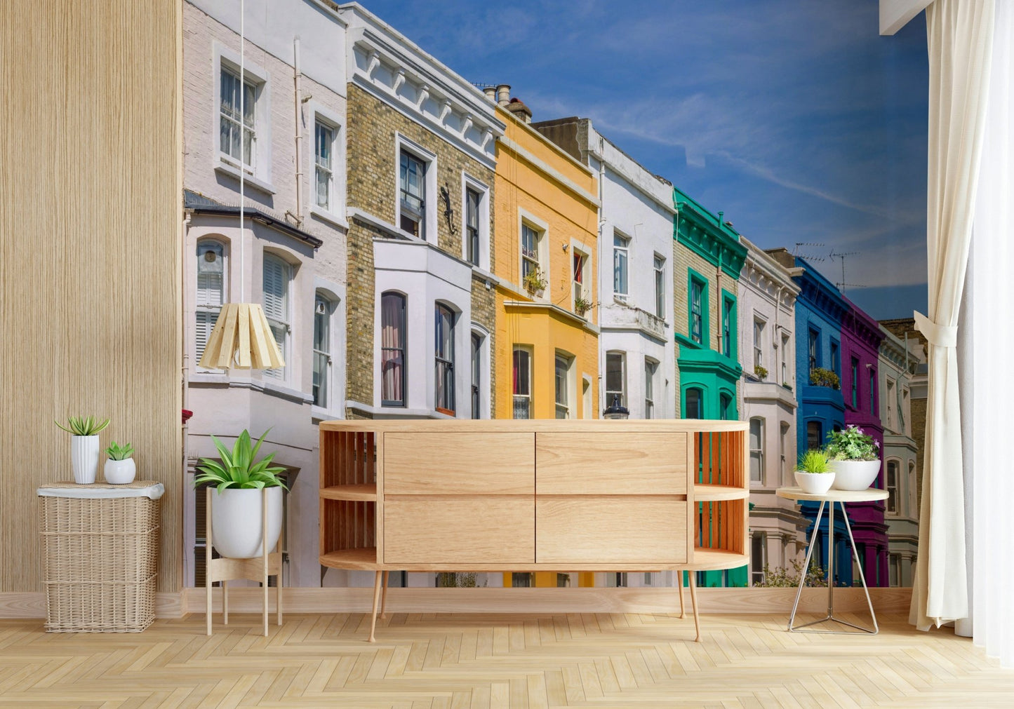 Wall mural featuring vibrant Rainbow Row Houses design pattern.