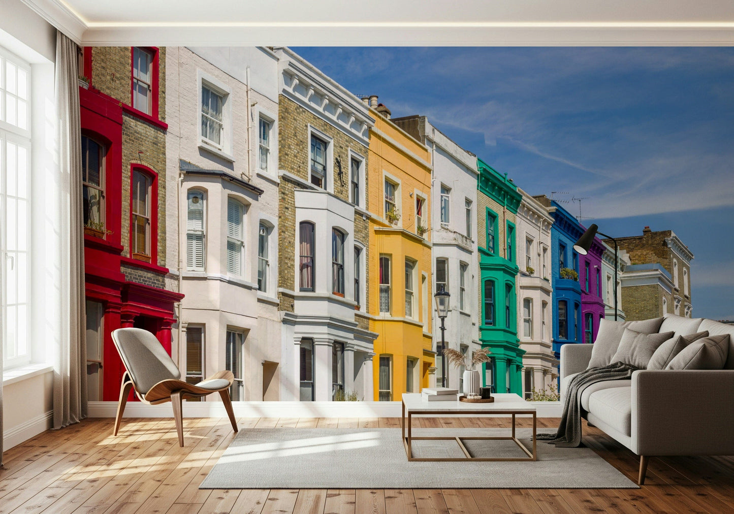 Colorful terraced Rainbow Row Houses peel and stick covering.