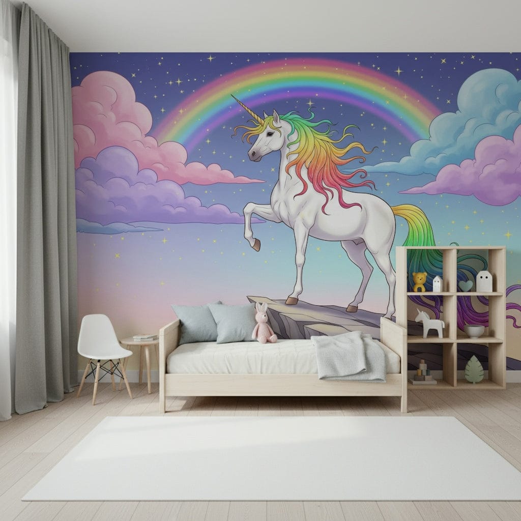 Magical unicorn mural, colorful mane and tail on cliff.