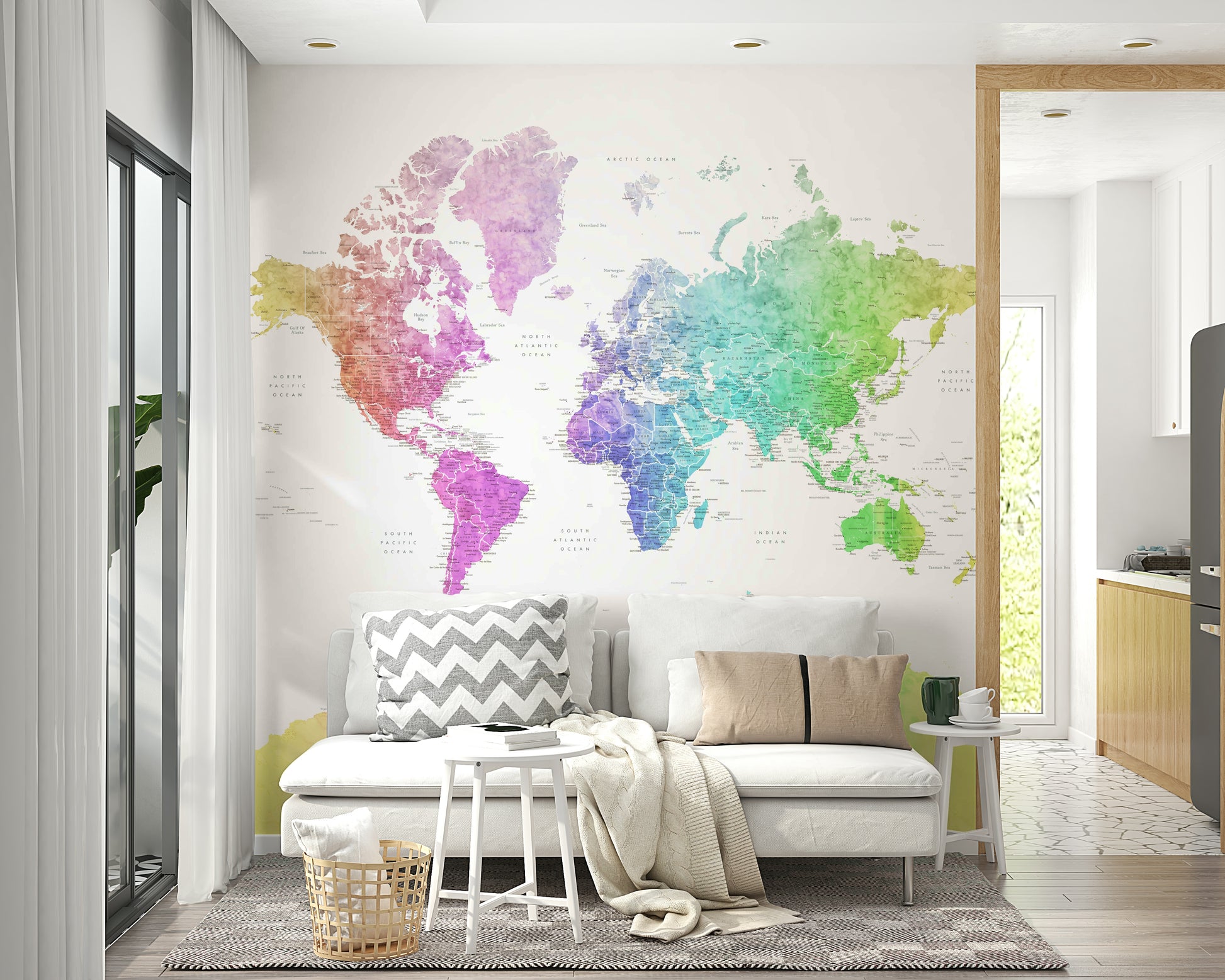 Artistic watercolor world map for kids’ rooms

