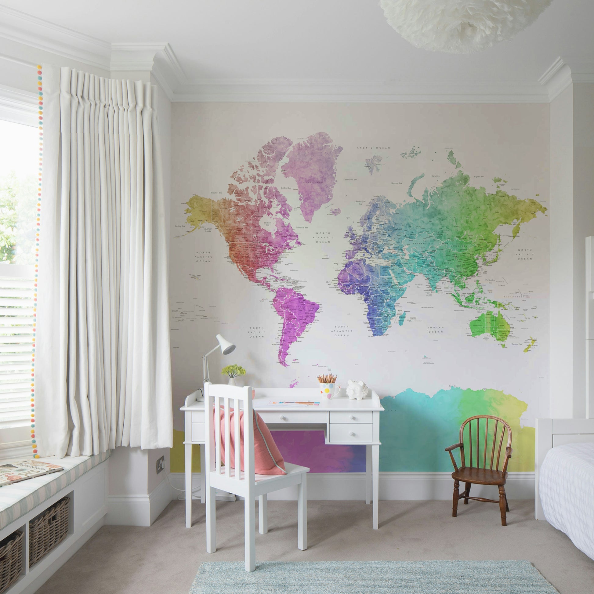 Rainbow watercolor world map wallpaper for walls


